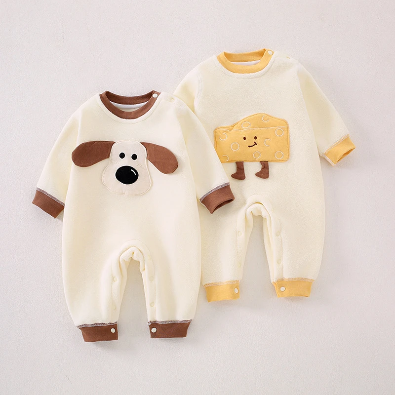 婴儿衣服秋冬加绒男女宝宝一绒保暖奥粒绒无骨连衣中厚婴幼儿