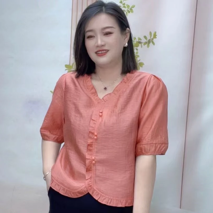 《清货》夏季时尚简约设计冰感棉减龄百搭款花边上衣中袖2506-1