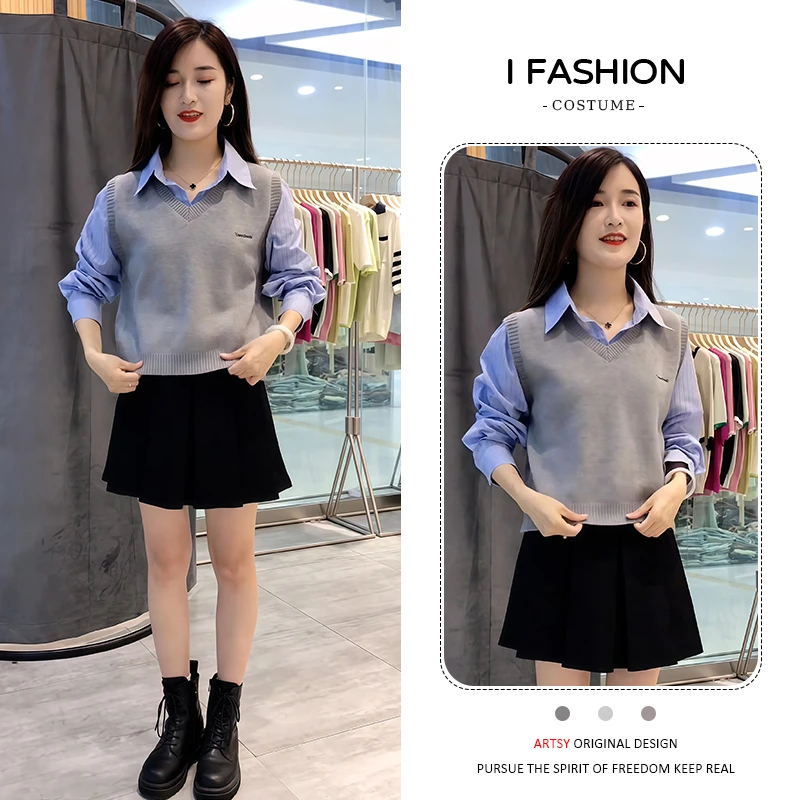 时尚减龄针织背心衬衫女2025年春秋季新款胖mm遮肉显瘦假两件上衣