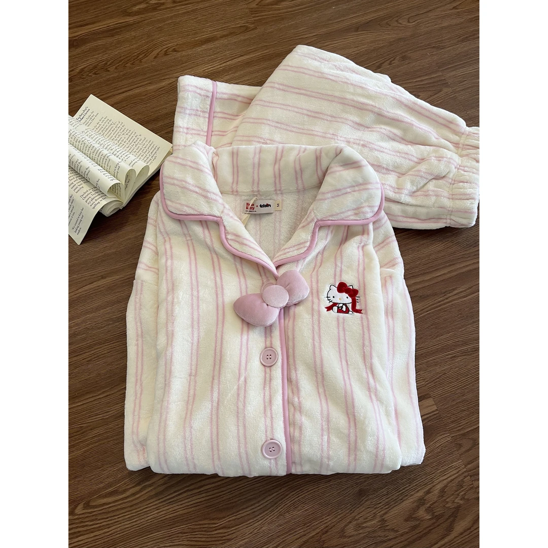 韩系蝴蝶结kitty甜美条纹法兰绒睡衣女秋冬季款新款舒适ins风套装