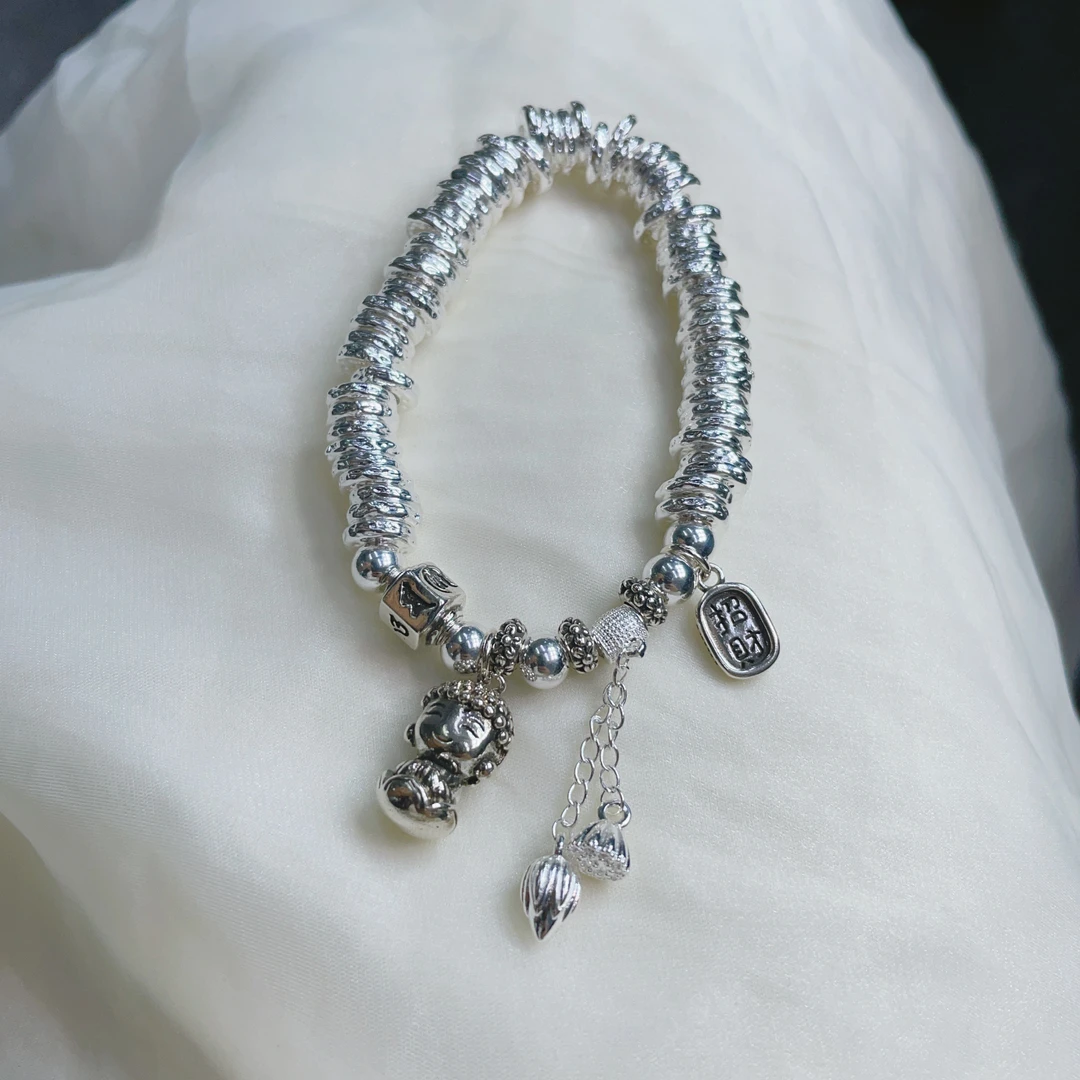 足银手链 A70足银9999手链珐琅彩盘缠莲花佛招财实心足银手链