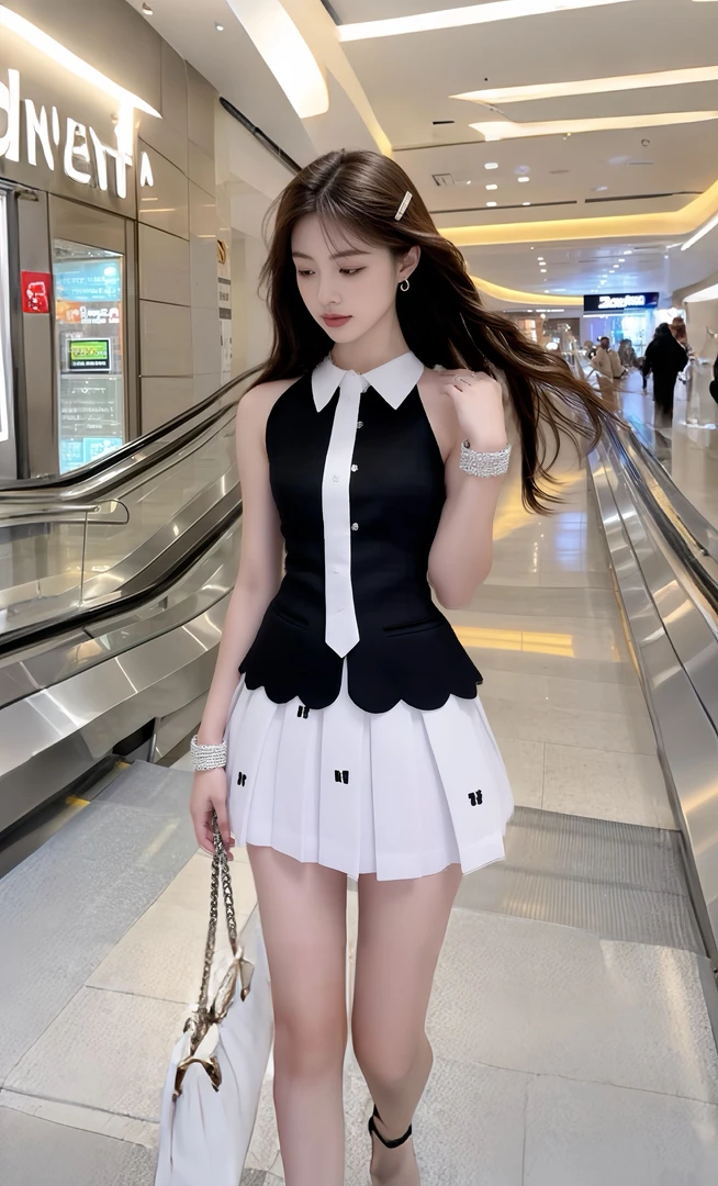 夏季日常氛围感穿搭黑色显瘦上衣+白色百搭半身裙女小众设计高级