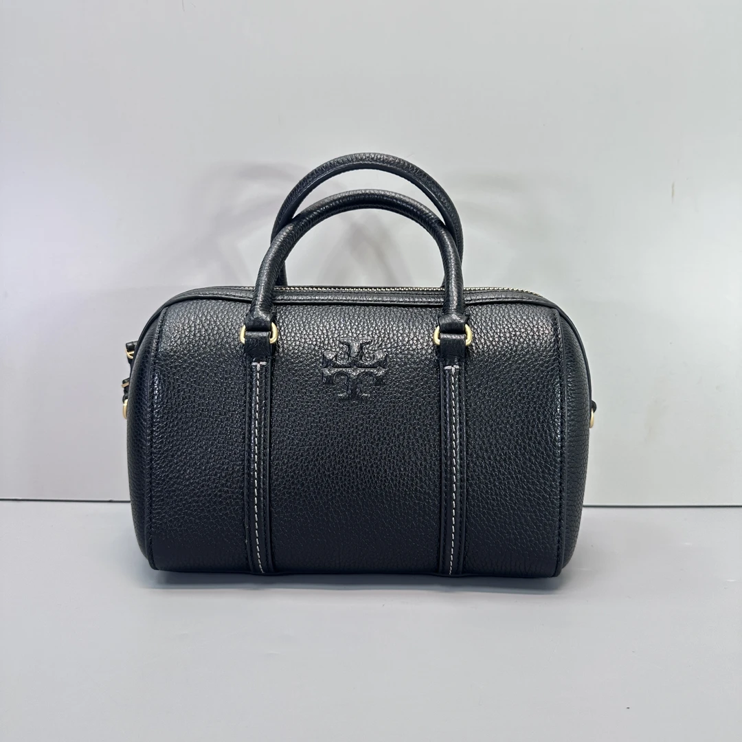 95新 TORY BURCH/汤丽柏琦 黑色荔枝纹手提包21*15*11cm