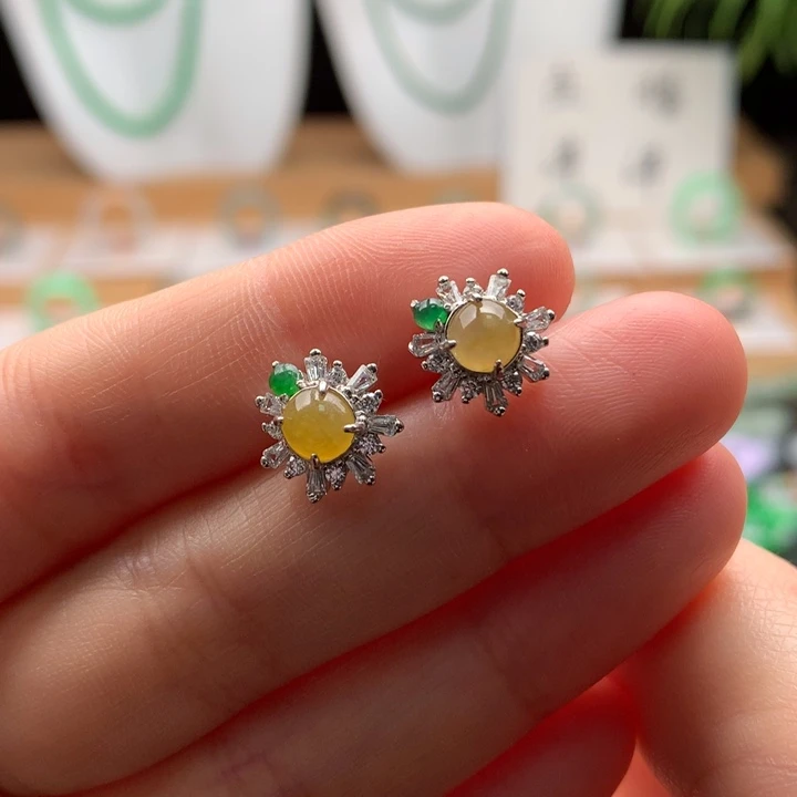 翡翠银S925镶嵌耳饰天然缅甸A货翡翠