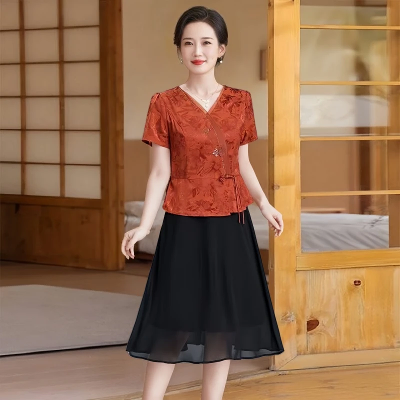 妈妈装洋气中老年夏季冰丝麻假2件套连衣裙V领中长大码裙子显瘦