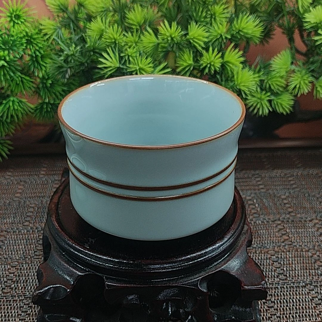正品双线竹节扳指杯，满容130，开片柳叶纹，