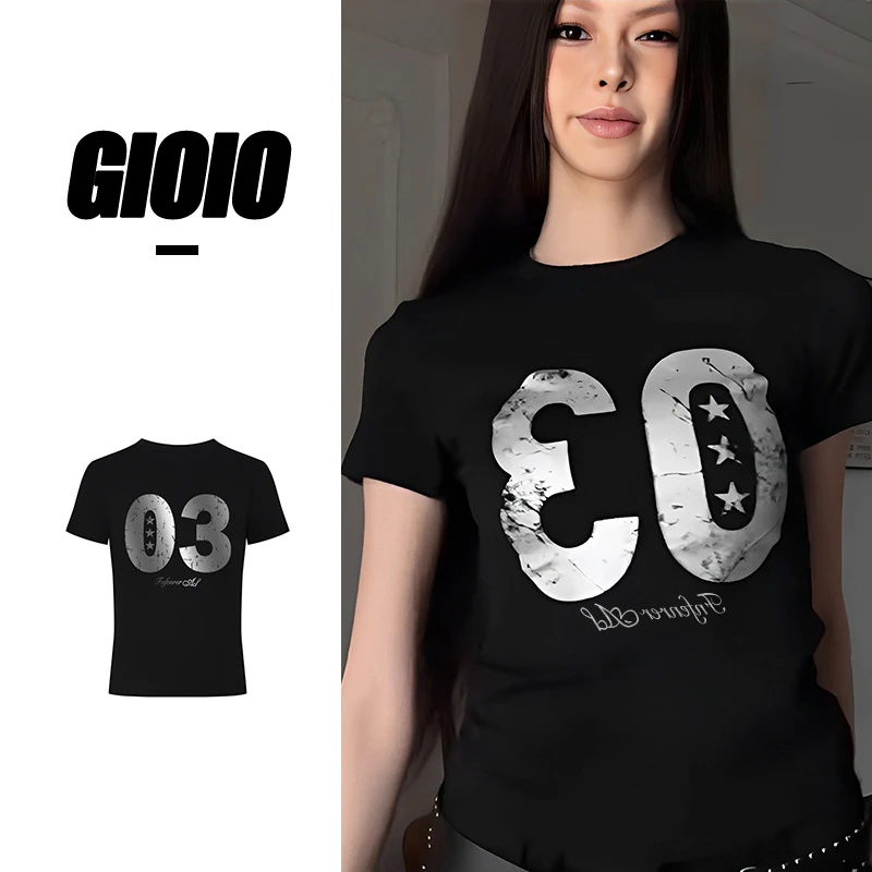 2025夏季新款超好看正肩辣妹黑色短款独特气质女上衣短袖T恤