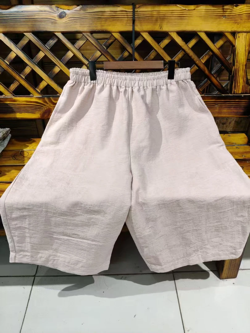 大码女装皮粉色麻料休闲八分裤，裤长76-77。