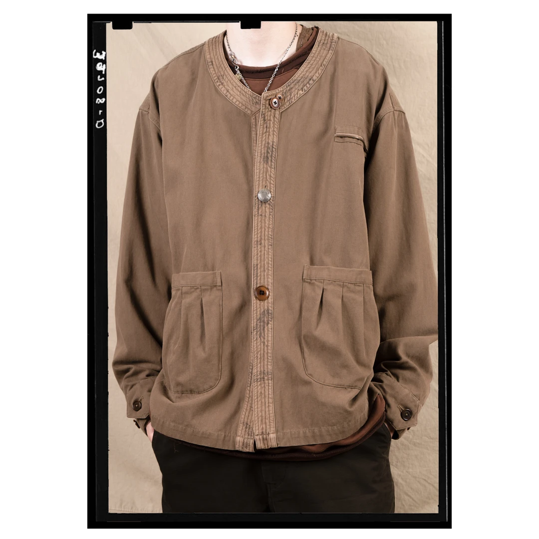 HUNTINGOLD沙色圆领宽松夹克外套日系复古军装长袖道袍罩衫男