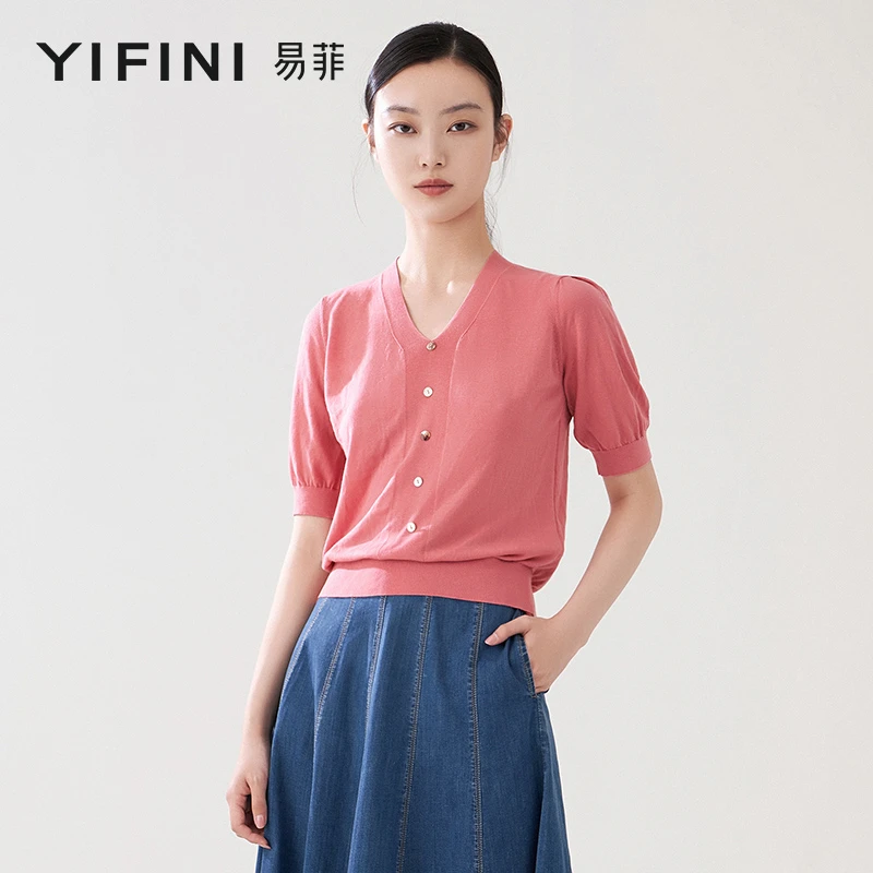 【Yifini】桑蚕丝棉纱线简洁V领设计宽松短款毛衫B04M1402