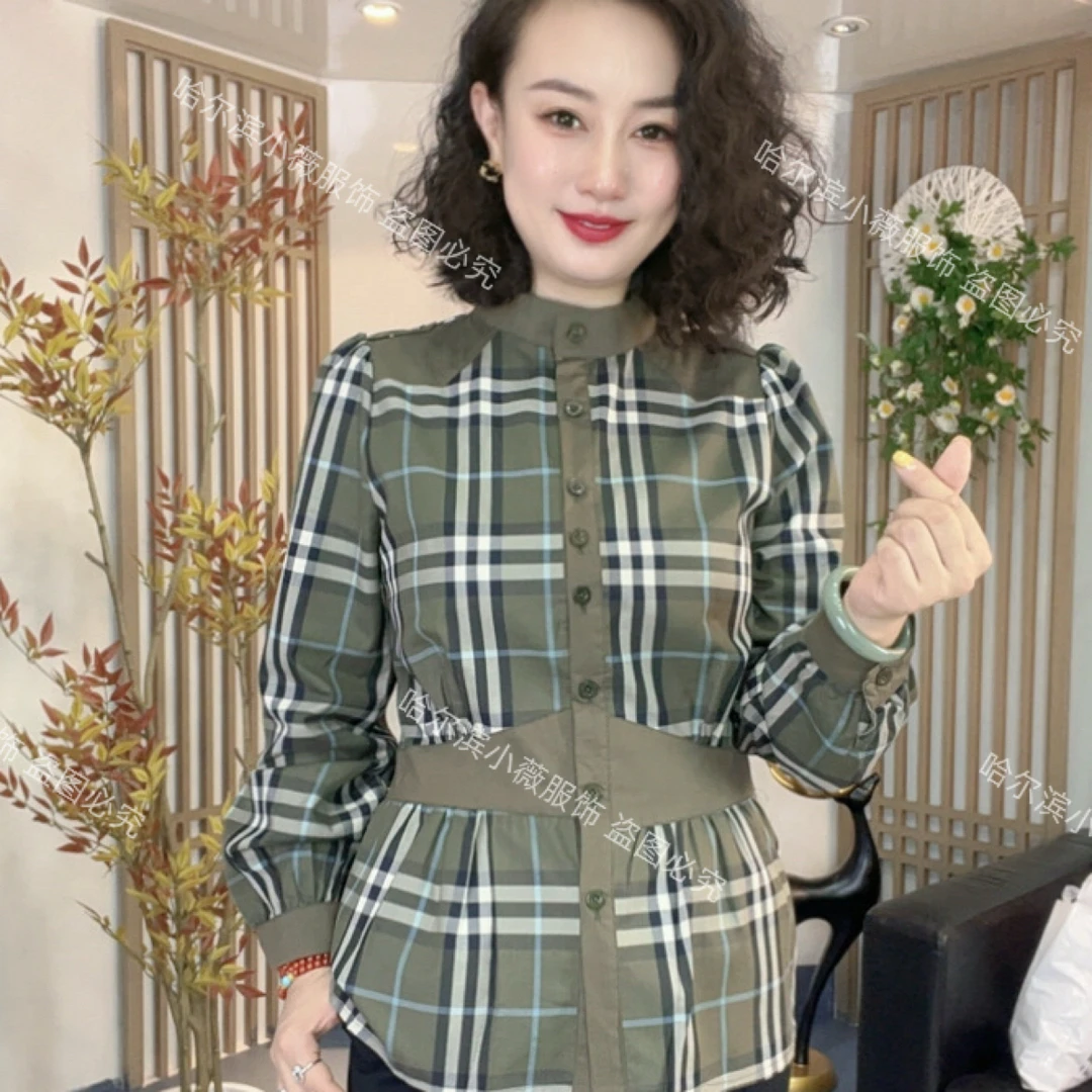 【秋季新款】时尚百搭修身显瘦气质立领长袖棉质格子衬衫X6036