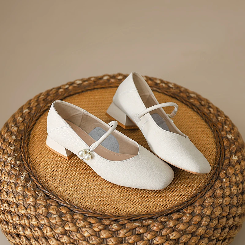 法式百搭浅口方头低跟珍珠玛丽珍旗袍软底工作皮鞋通勤休闲女单鞋
