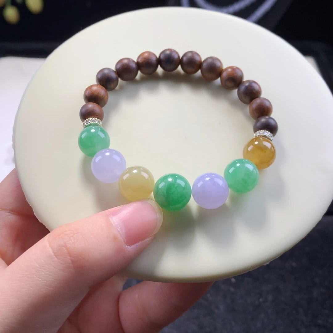 翡翠未镶嵌手串卡10三彩串