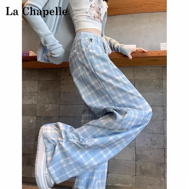 拉夏贝尔蕾丝花边格子阔腿裤女宽松时尚设计感高腰显瘦垂感休闲裤