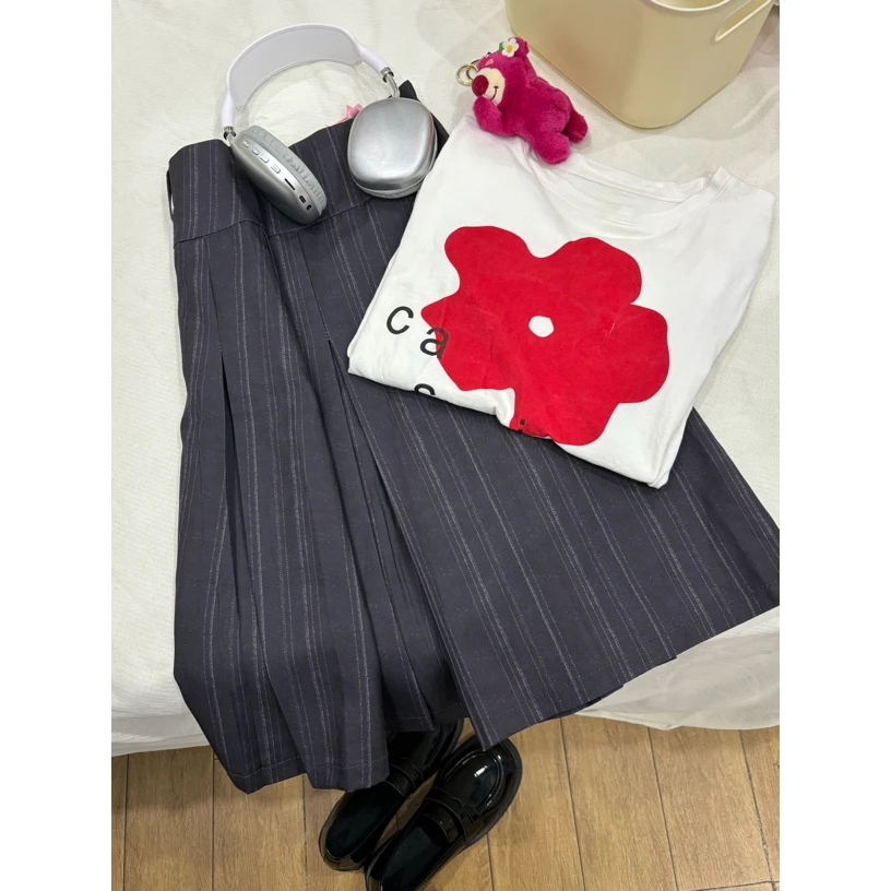 【现货】日系条纹半身裙时尚2025洋气复古西装高腰灰色百褶裙