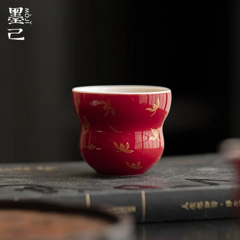墨己胭脂红葫芦茶杯 功夫茶具文人品茗杯秋水兰花陶瓷主人杯家用