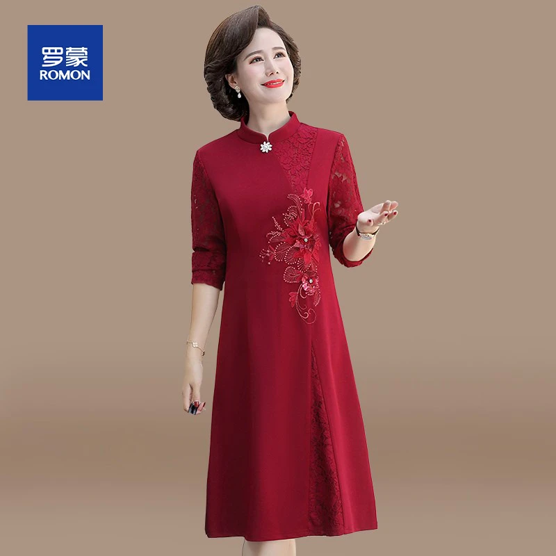 妈妈秋装2025新款结婚礼服旗袍连衣裙中老年女喜婆婆婚宴春秋裙子