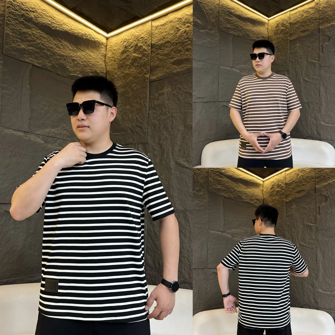 胖语大码男装 2025年秋季新款简约百搭休闲拼色条纹短袖79070#S