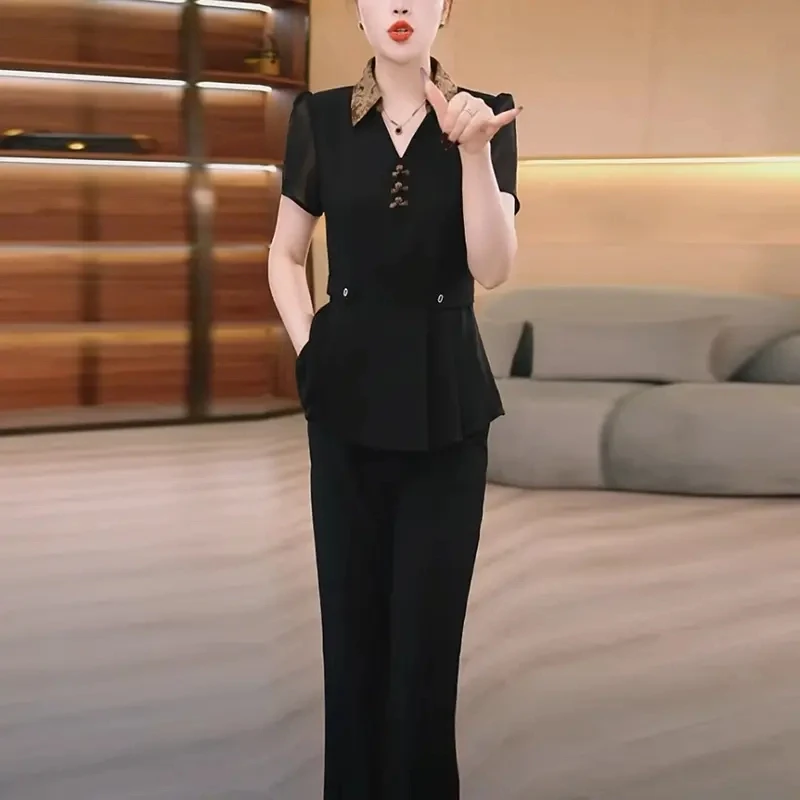 多丽丝女神范阔腿裤套装2025夏季新款短袖黑色显瘦气质时尚两件套