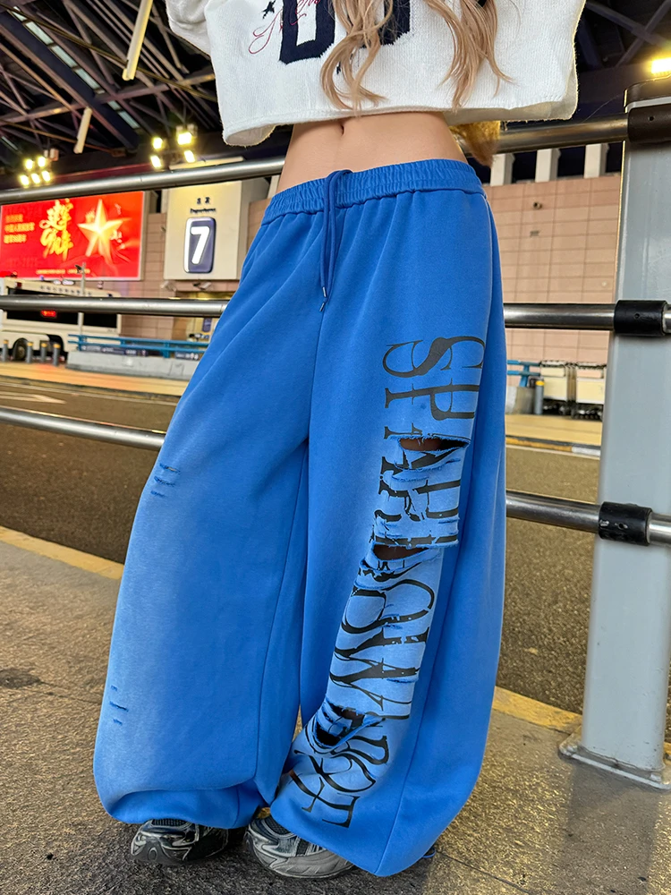 NECOYEP 美式破洞字母印花抽绳阔腿卫裤女宽松休闲百搭直筒长裤