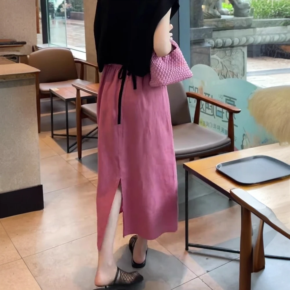 棉麻半身裙女夏薄款小个子超好看开叉亚麻裙子高腰垂坠感a字长裙