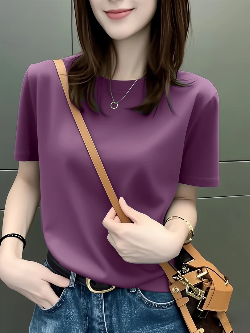 韩版宽松圆领纯色新款夏季短袖t恤女休闲百搭显瘦时尚上衣打底衫