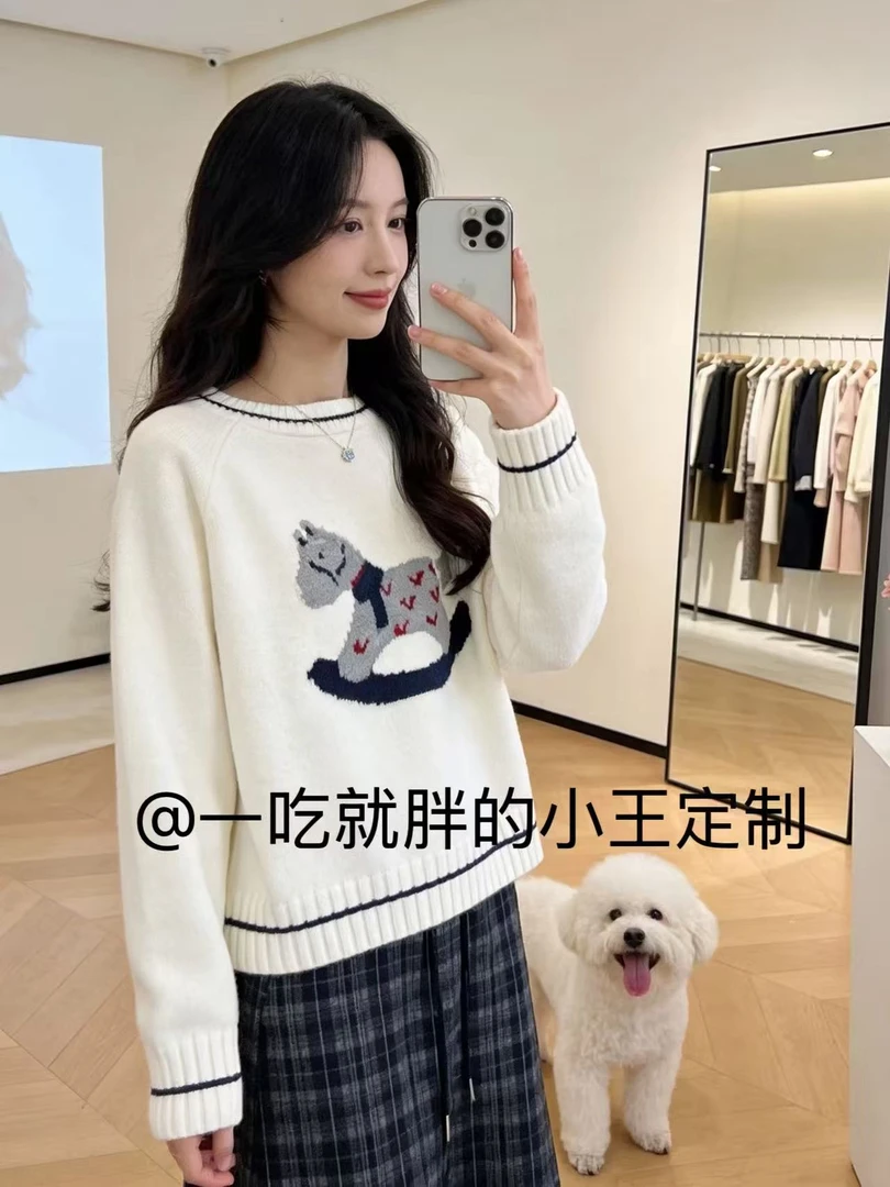 【小王家】7001大码女装小马提花毛衣女慵懒风宽松百搭圆领套头上衣