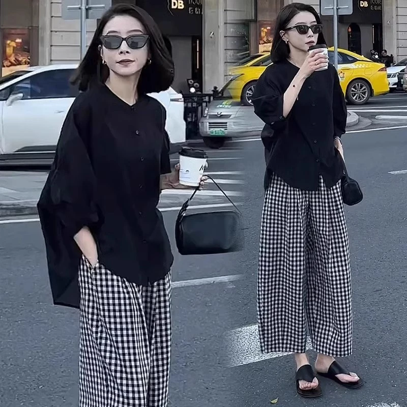 今年流行夏季搭配一整套2025年新款宽松遮肉衬衫格子阔腿裤套装女