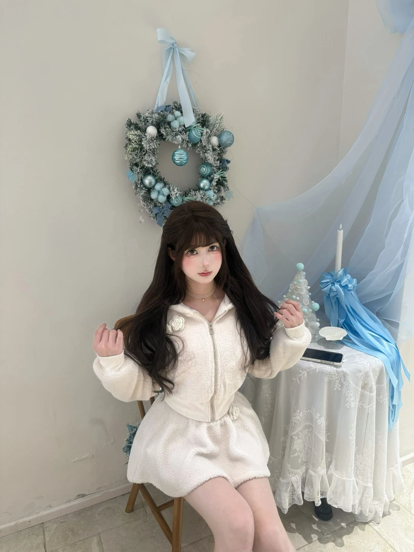 羊羔毛连帽短款外套收腰半裙套装