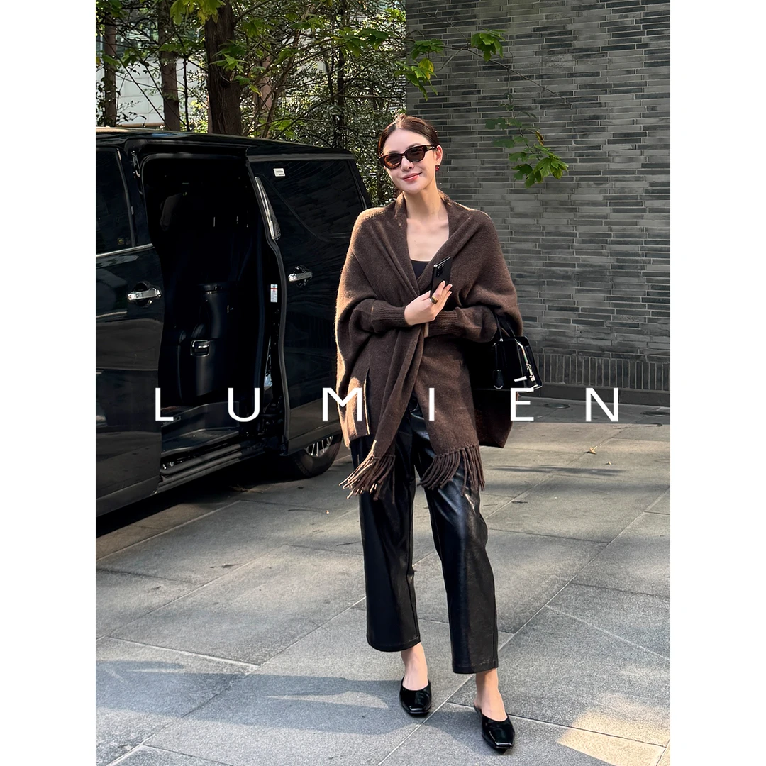 【LUMIEN】复古港风蛋白皮时尚休闲宽松黑色直筒皮裤女LX4JKK090