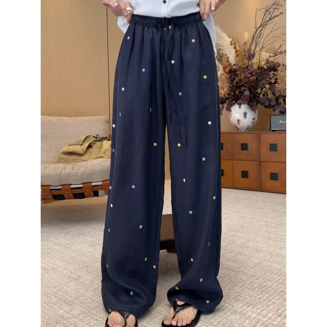 小静静一会【刺绣花朵亚麻裤】2025夏季松紧腰休闲裤 2504C2115