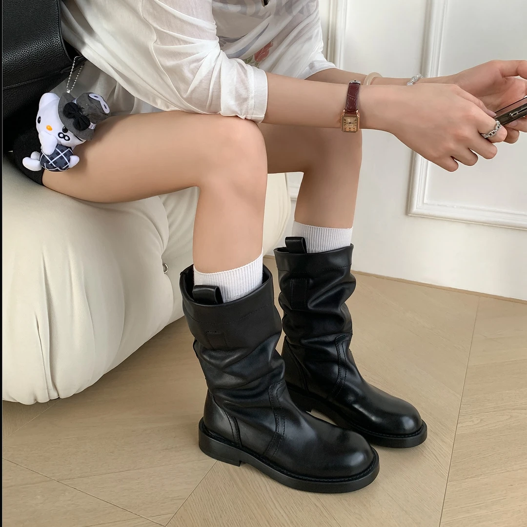 【美靴专家】显瘦褶皱堆堆中筒靴