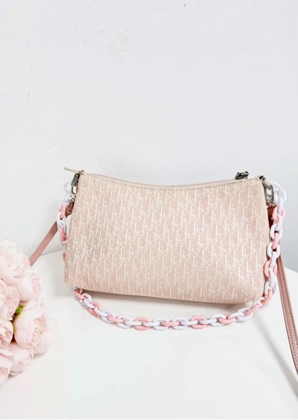 95新 DIOR/迪奥 粉色老花麻将包 斜挎包