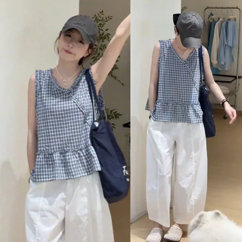 韩版格纹上衣阔腿裤套装女2025夏季新款设计感V领小衫时尚两件套
