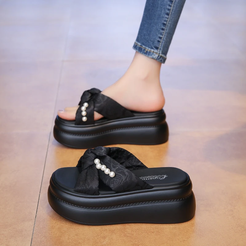 拖鞋女夏外2025年夏季时尚百搭厚底增高软底轻便国风串珠凉拖鞋潮