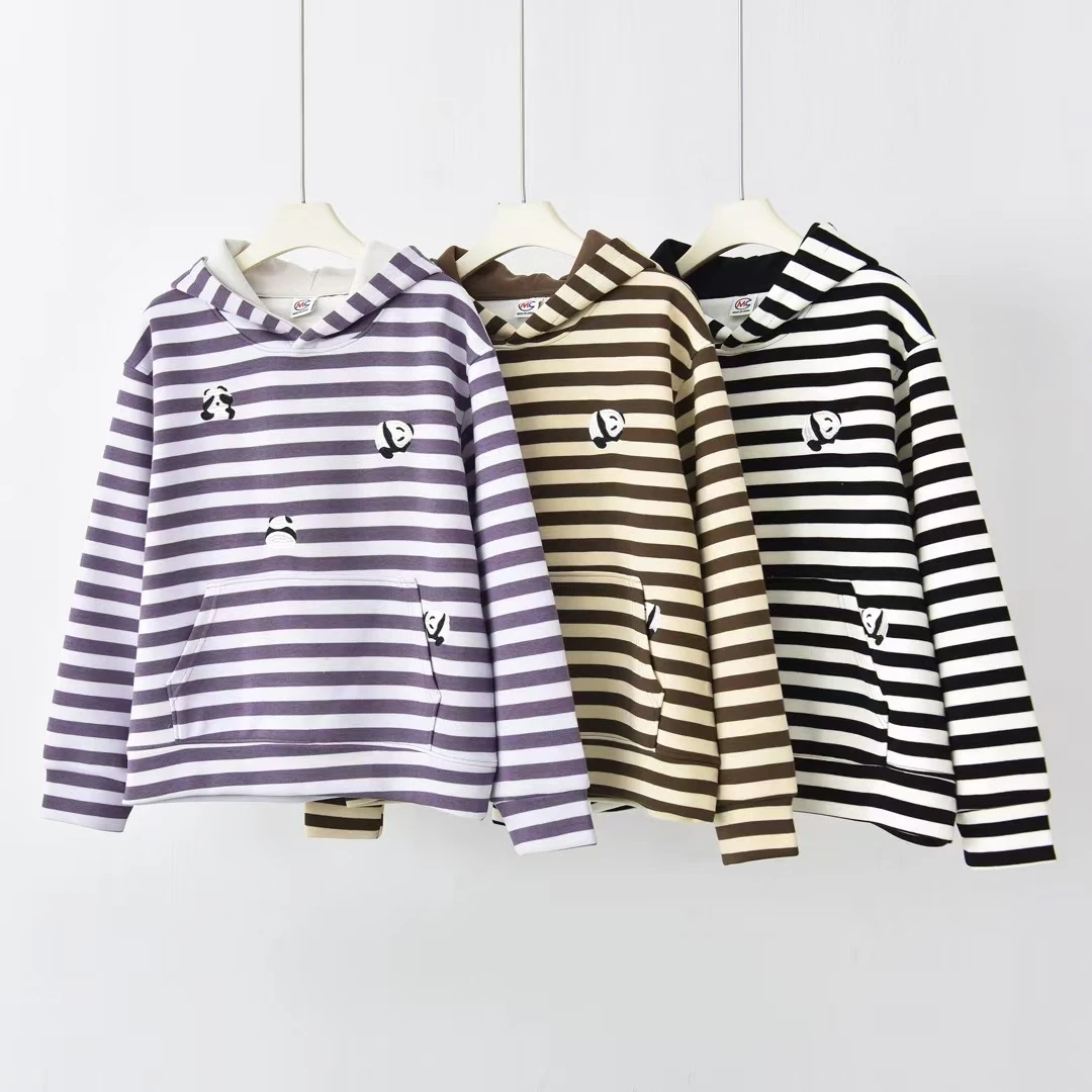 长袖套头连帽条纹绣花中长款卫衣秋季潮流带帽打底时尚春款785