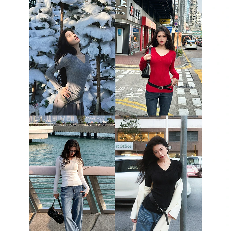 六指导 温暖定律 简约V领针织毛衣女冬新款修身显瘦通勤百搭上衣