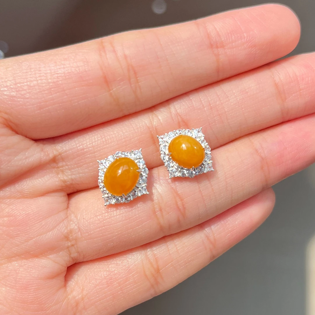 天然翡翠A货 黄翡耳钉一对精致镶嵌耳饰