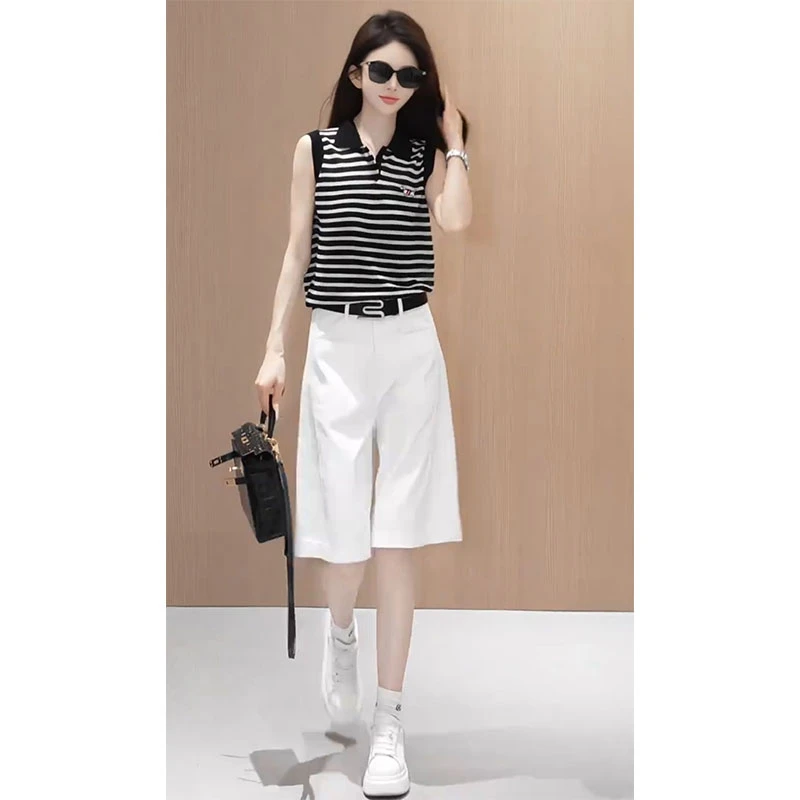 2025韩系条纹无袖Polo领针织衫高腰短裤子显瘦夏季减龄两件套装女