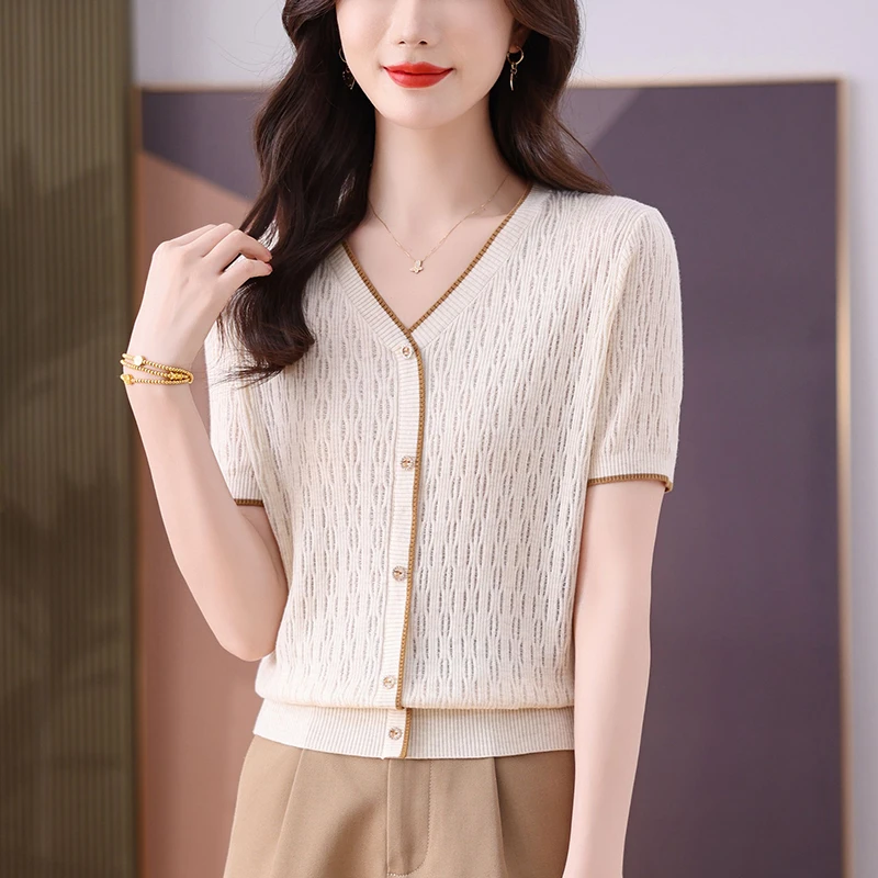 V领天丝针织衫2025夏季新款漂亮洋气短袖t恤显瘦减龄好看女士上衣