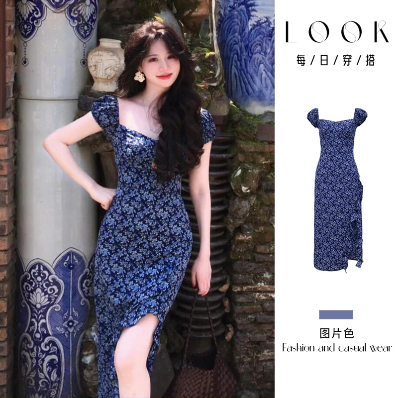 韩系夏天衣服方领碎花连衣裙子女夏季2025新款开叉长裙清冷系衣服
