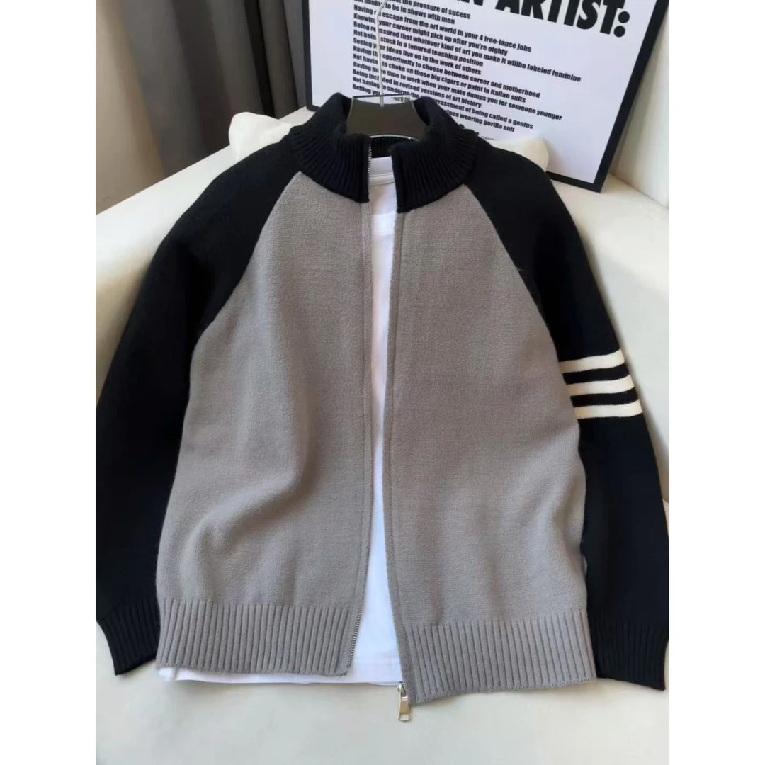 美式立领双拼针织毛衣男女秋冬季条纹休闲针织衫vibe高街百搭外套