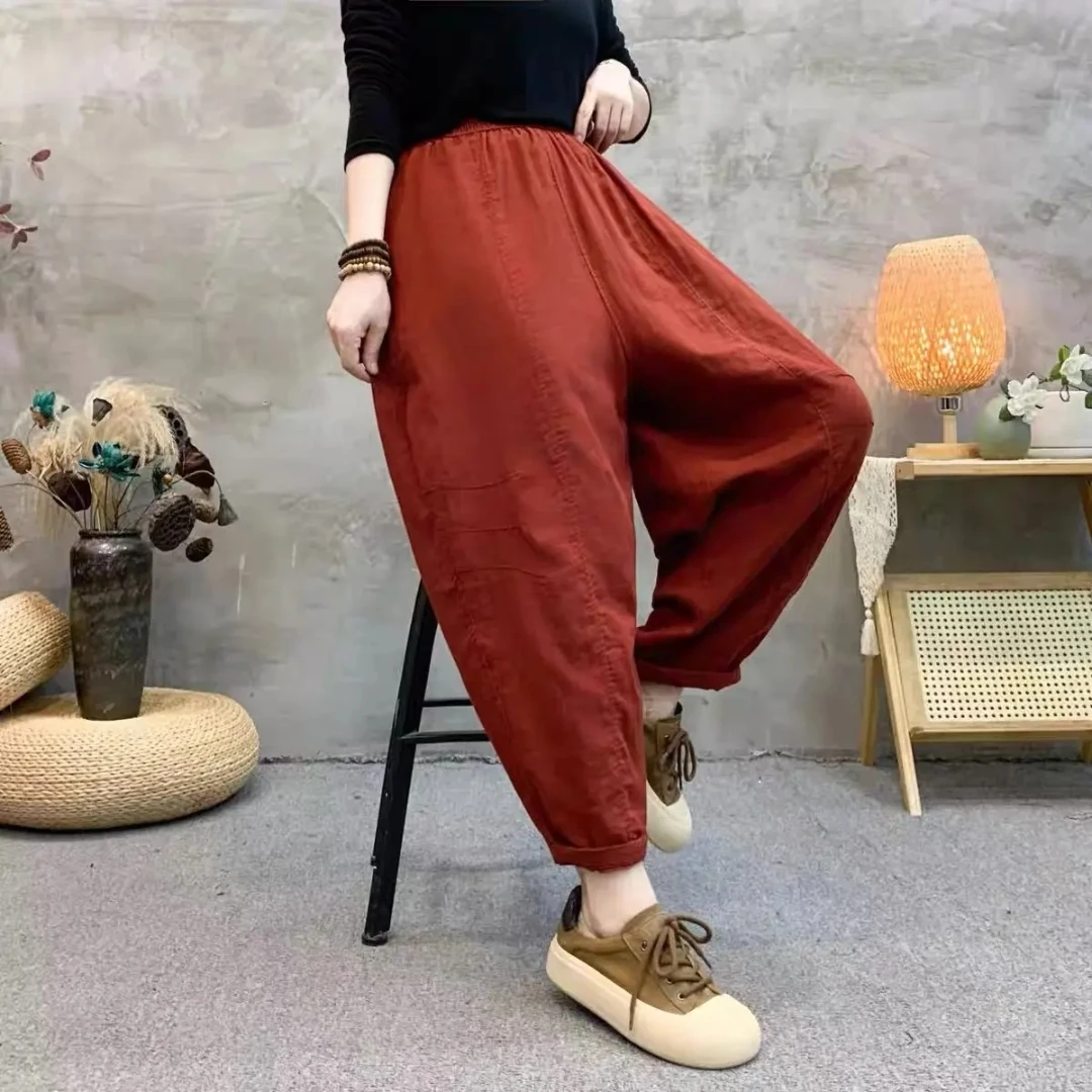 QX新款净版休闲百搭复古文艺显瘦松紧腰软面纱宽松南瓜裤