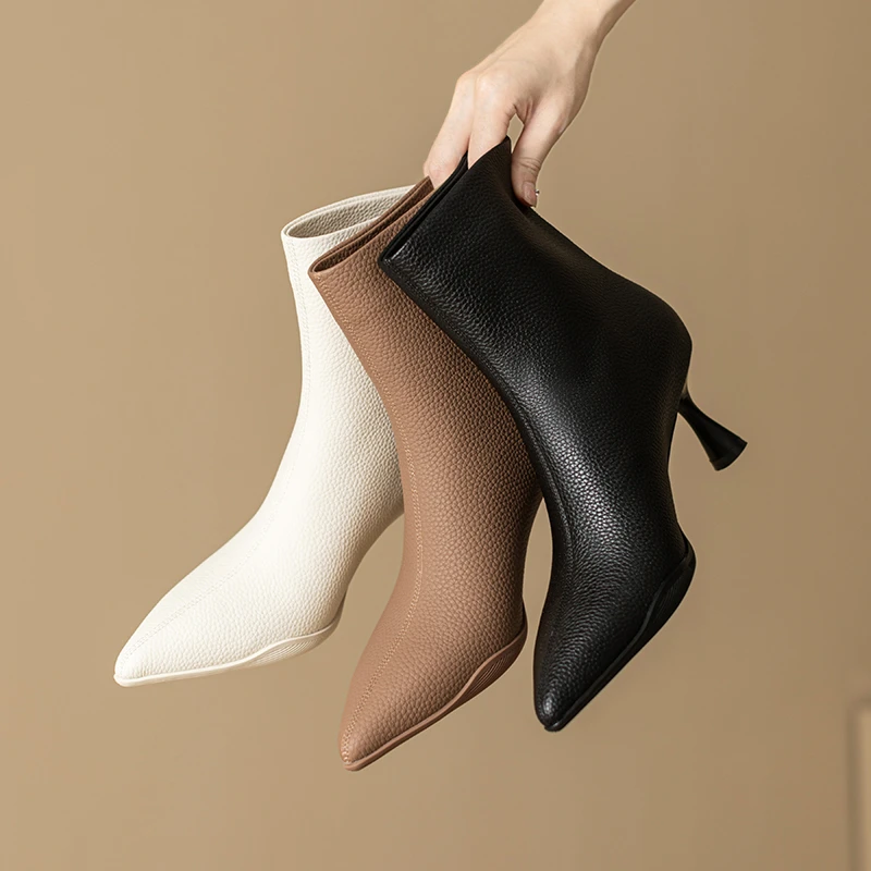 （跟高6cm）荔枝纹牛皮运动大底舒适尖头细跟时尚百搭女靴3A9256