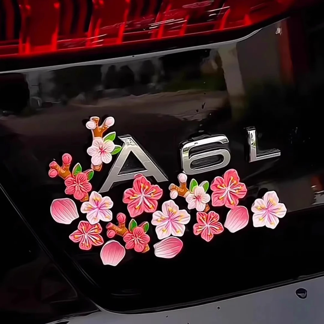 创意网红汽车尾标桃花车贴3D立体外观装饰摩托车电动车装饰小物件