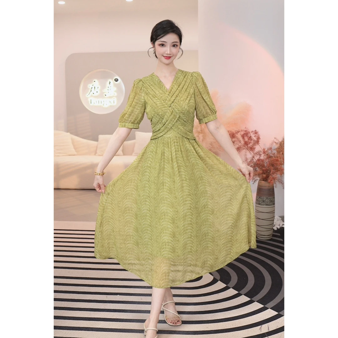 2025夏季新款【ZM-X839】中长款高腰遮肉通勤聚会捏褶柳绿色连衣裙