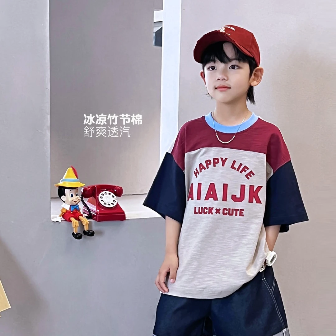儿童夏季男童T恤中大童时尚休闲印花拼色涂鸦t恤5049745O2