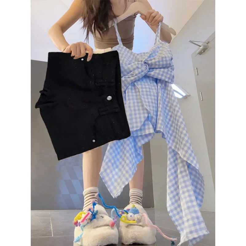 夏季套装女2025新款韩版不规则格子吊带上衣百搭牛仔短裤两件套潮