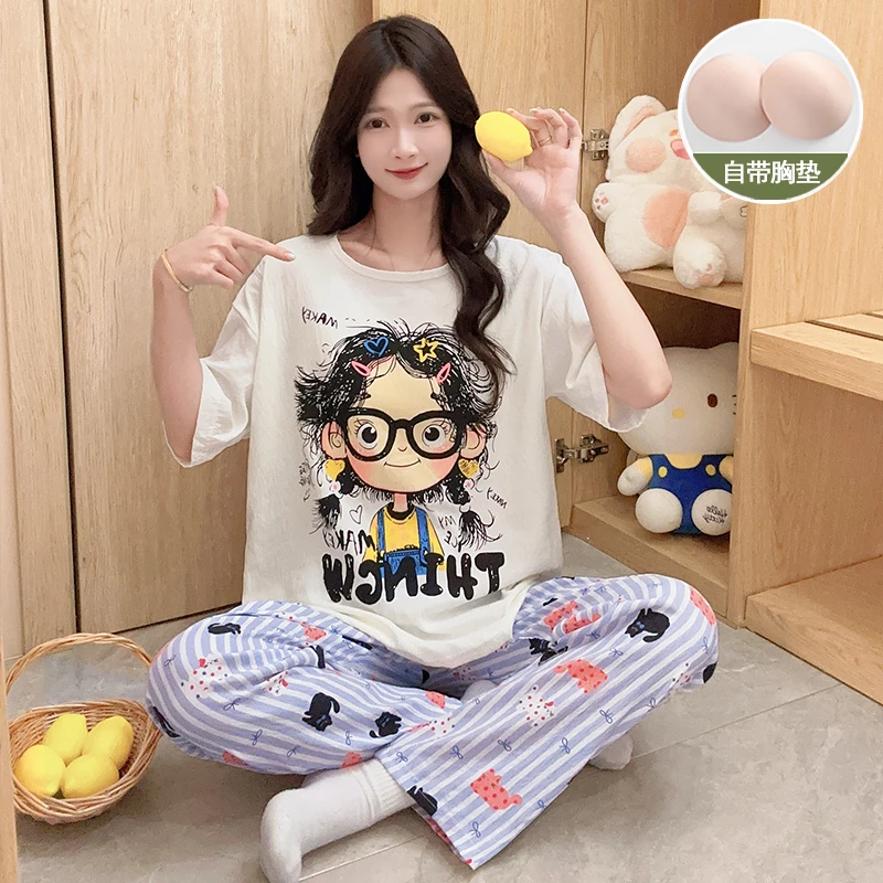 女大睡衣女款爆款2025新款带胸垫一体宽松甜美短袖长裤家居服套装