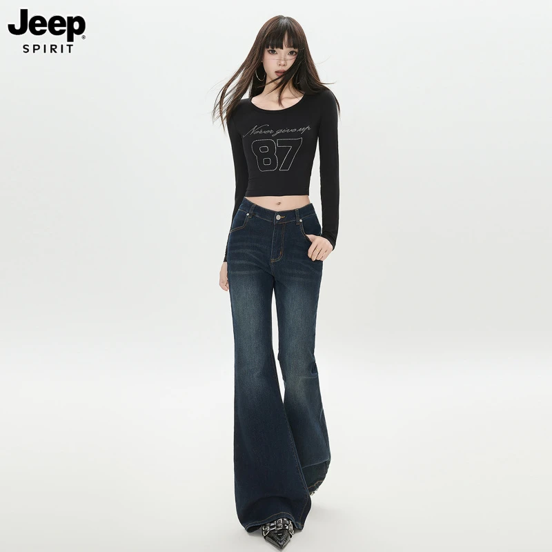 Jeep吉普美式复古微喇牛仔裤女四季新款时尚潮流显瘦垂感拖地裤子